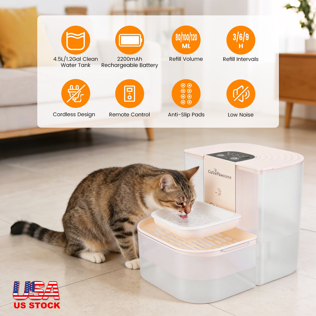 Smart Pet Water Fountain 4.5L Cordless Rechargeable Cat & Dog Dispenser with Adjustable Flow & Timer